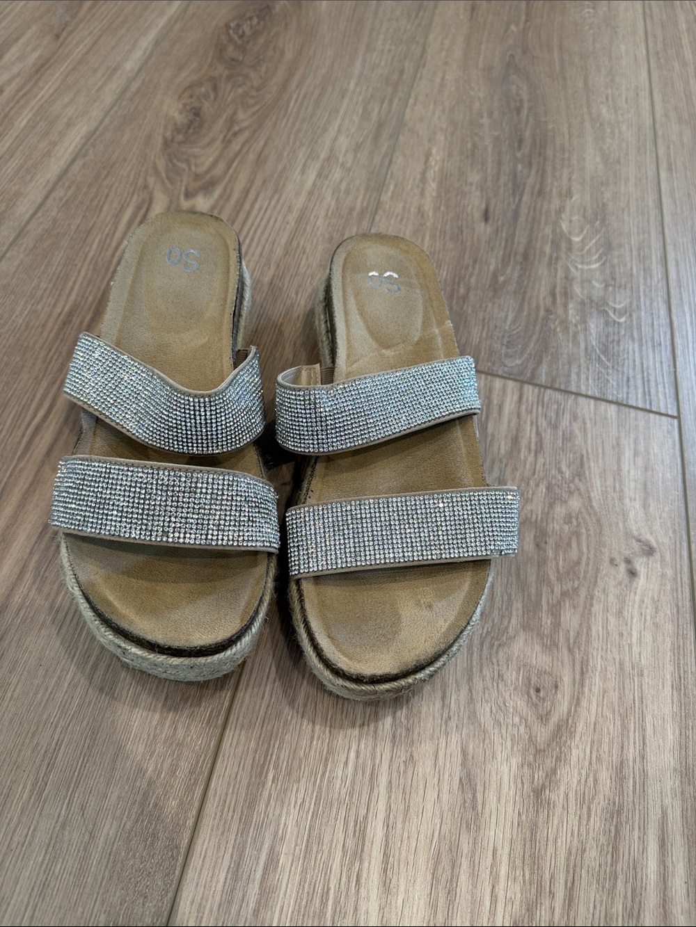 SO Silver Rhinestone Double-Strap Slide Sandals with Tan Footbed